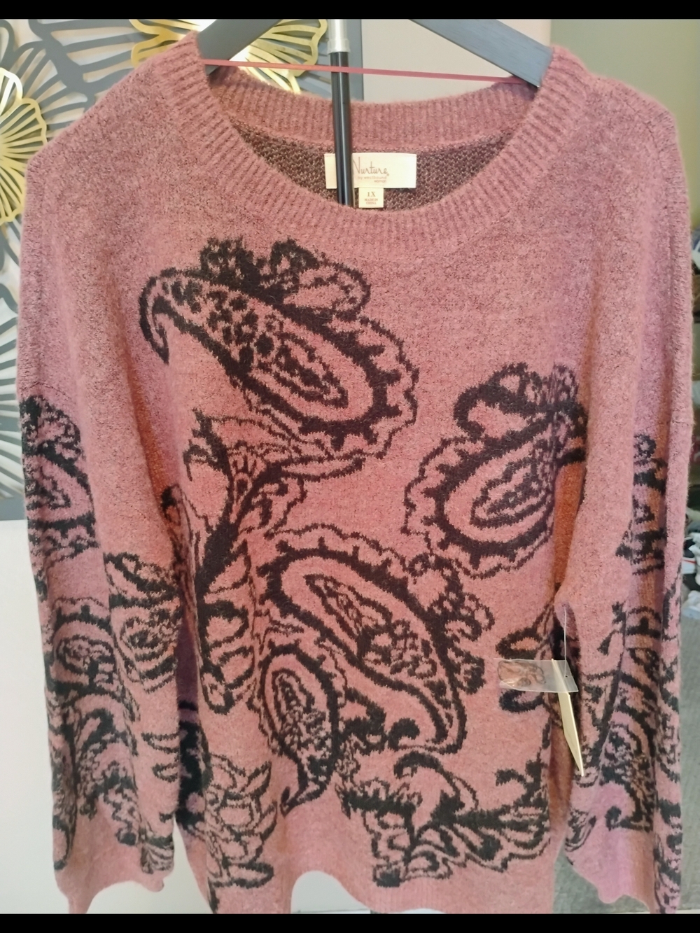 Nurture Size 1X Pink Paisley Cozy Fall Crewneck Sweater